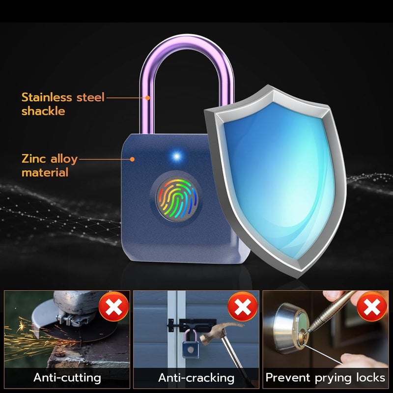Pothunder Fingerprint Padlock, Smart Padlock, Locker Lock, Biometric Metal Keyless Fingerprint Lock, USB Rechargeable, for Gym Locker, Luggage, Backpack(Blue) - Image 5
